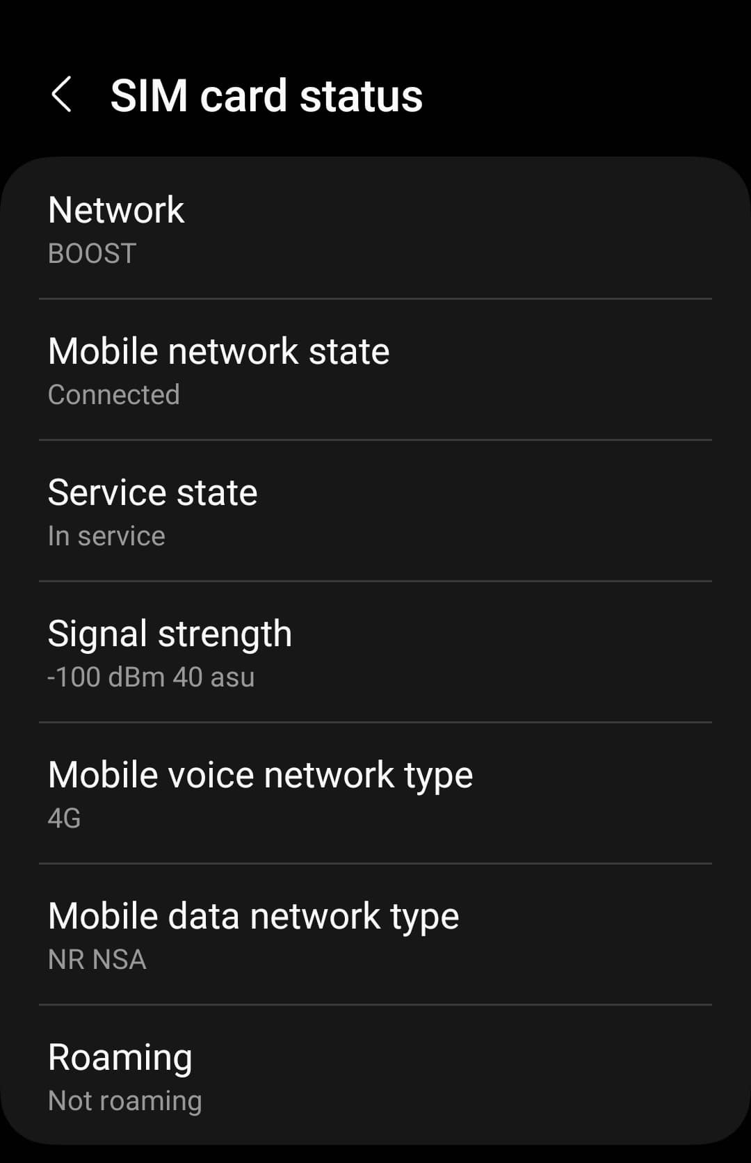 Android signal strength meter in settings.