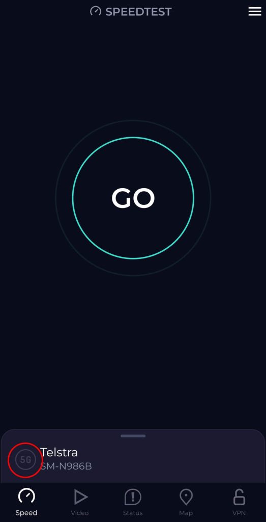 Speedtest-sovelluksen 5G-symboli.