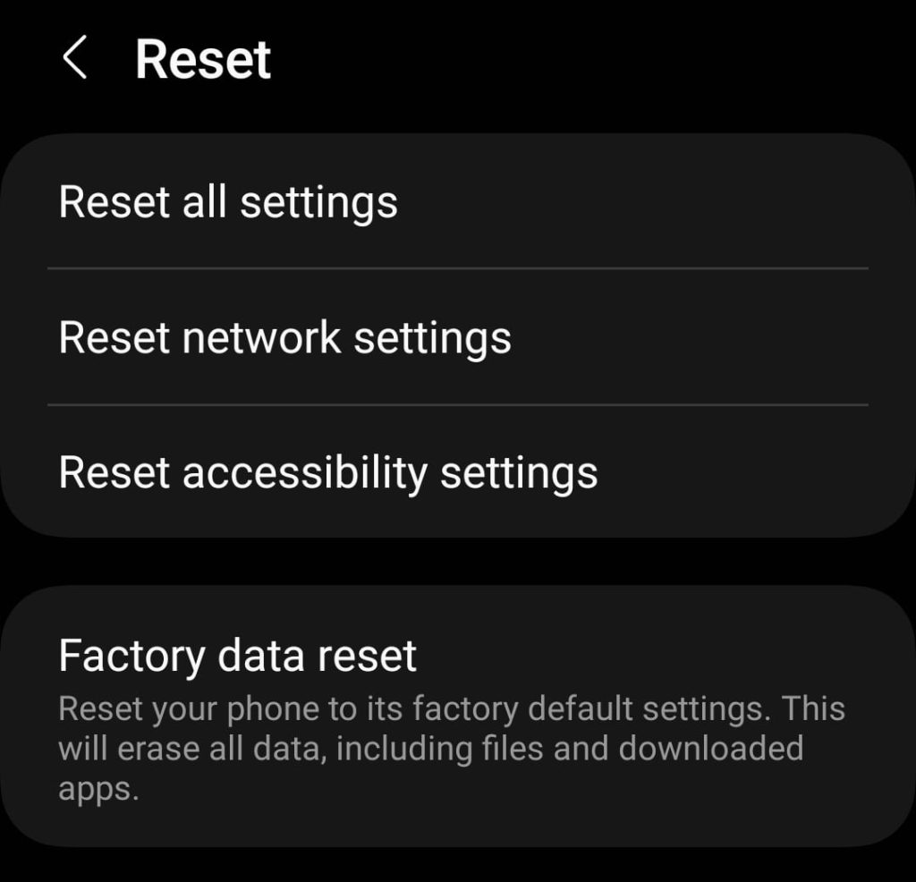 Resetting network settings page Android.