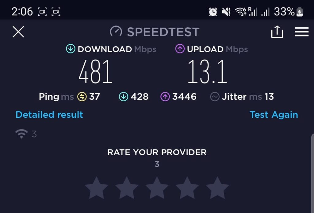 Internet speed test result with a 5G download speed.