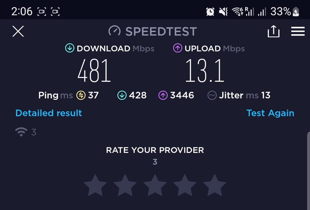 Internet speed test result with a ping of 37ms.