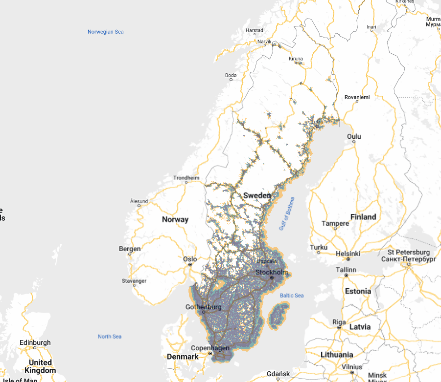 Tre mobile network coverage map.